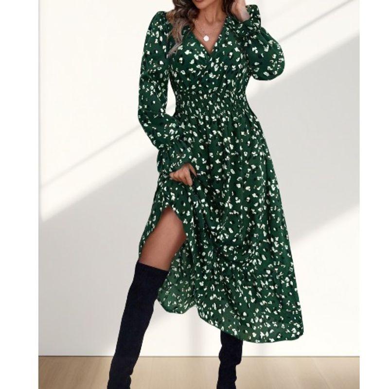 

Spring New Arrival Sweet Fashion Europe and America Cross Border V Neck Small Floral Tight Waist Ruffles Long Sleeves Dress Long Dress for Women Green XL