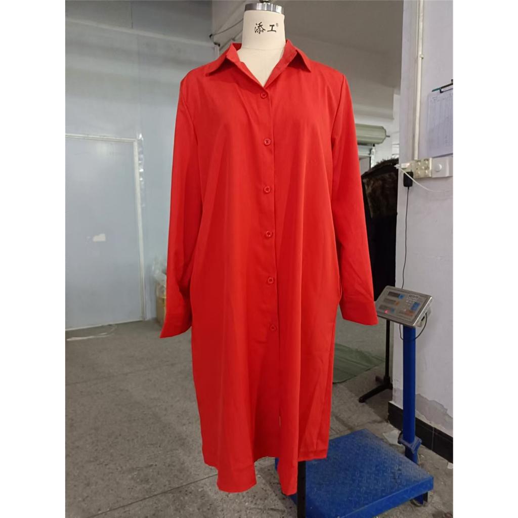 Women's Solid Color Long Sleeve Lapel Simple Loose Knee-length Shirt Dress