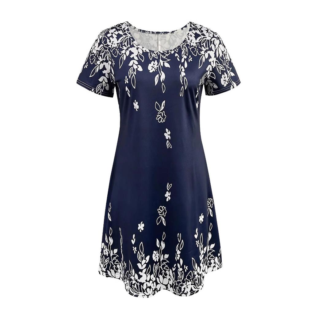 Damen Midi-Kleid mit Rundhalsausschnitt, kurzen Ärmeln, Regular Fit, mittelhohem Bund, Blumendruck, lässiges, lockeres Tunika-Kleid