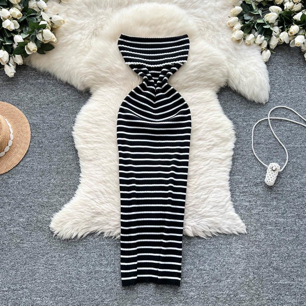 Summer Women Sexy Strapless Striped Knitted Sweater Office Work Sheath Dresses