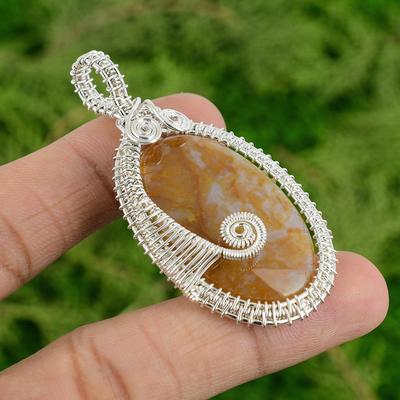 Sterling Silver Plume Agate Gemstone Wire Wrap Handcrafted Wife Pendant Jewelry