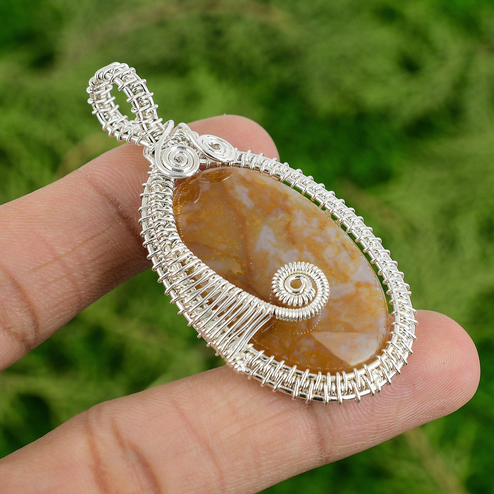 

Sterling Silver Plume Agate Gemstone Wire Wrap Handcrafted Wife Pendant Jewelry