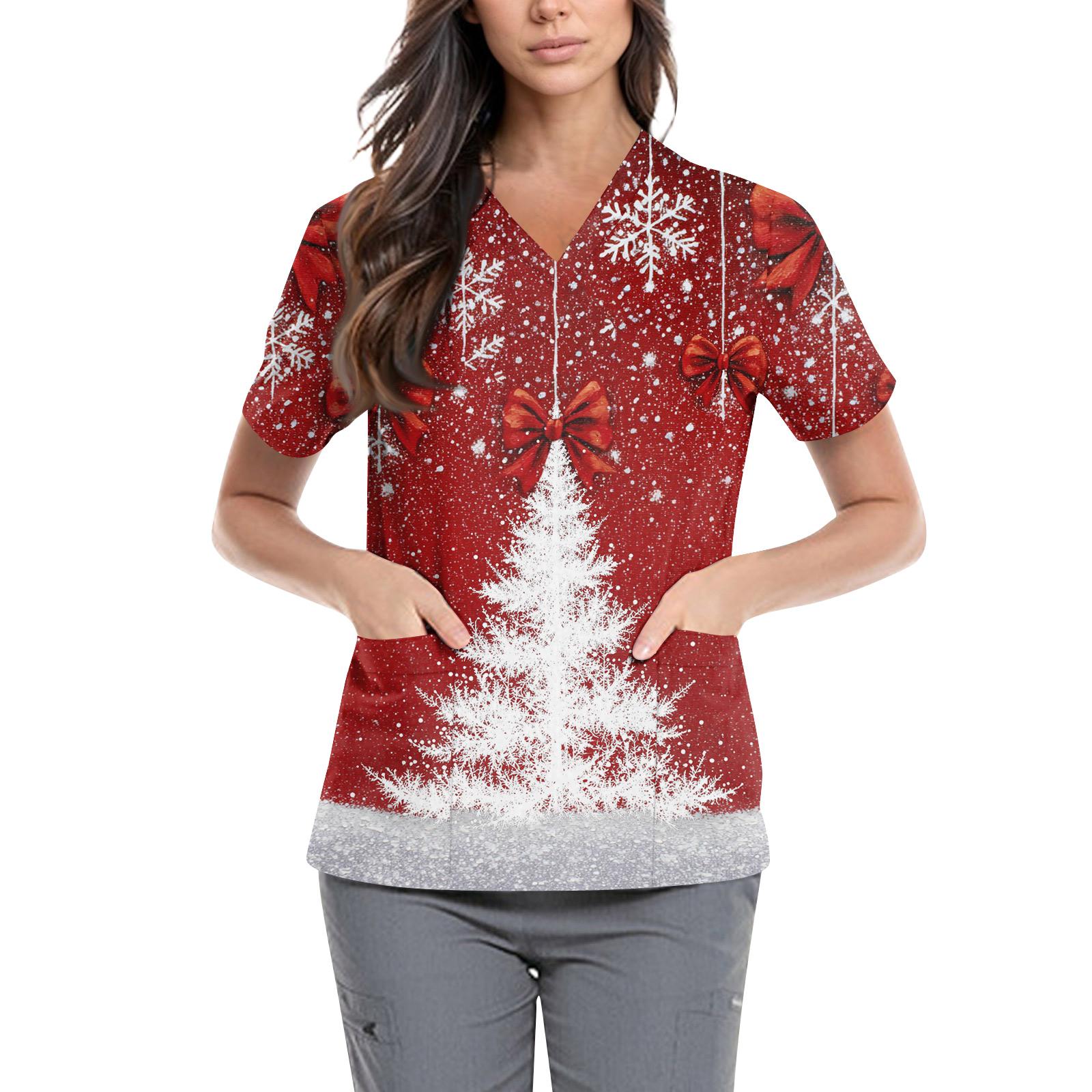 

Женская симпатичная принтованная рабочая одежда с V-образным вырезом, двухслойными карманами, базовым коротким рукавом, пуловером ко Дню святого Валентина M