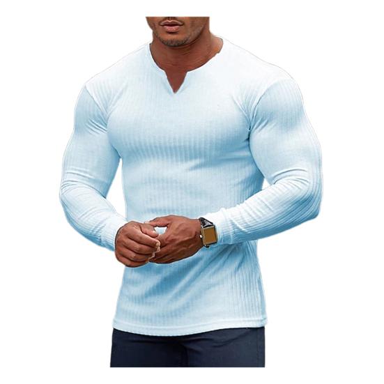 Men T-shirt Solid Color Ribbed Long Sleeve V Neck Streetwear Autumn Winter Bottoming Shirt Tee Shirt Men Clothing