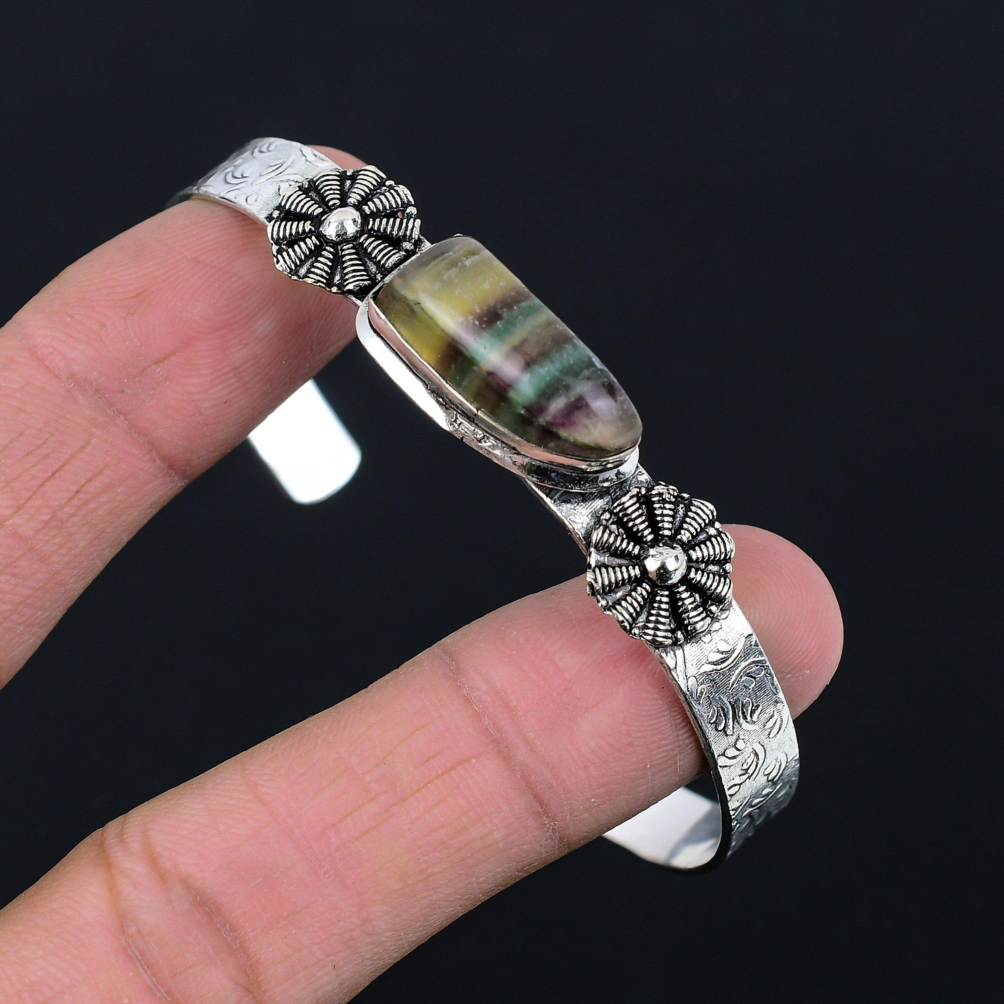 

Daughters Day Sale Multi Fluorite Gemstone 925 Sterling Silver Birthday Bangle Adjustable