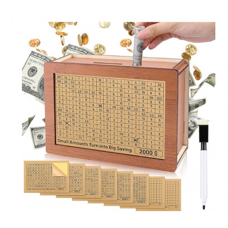 Creative Wooden DIY Piggy Bank with Money Saving Challenge Stickers
