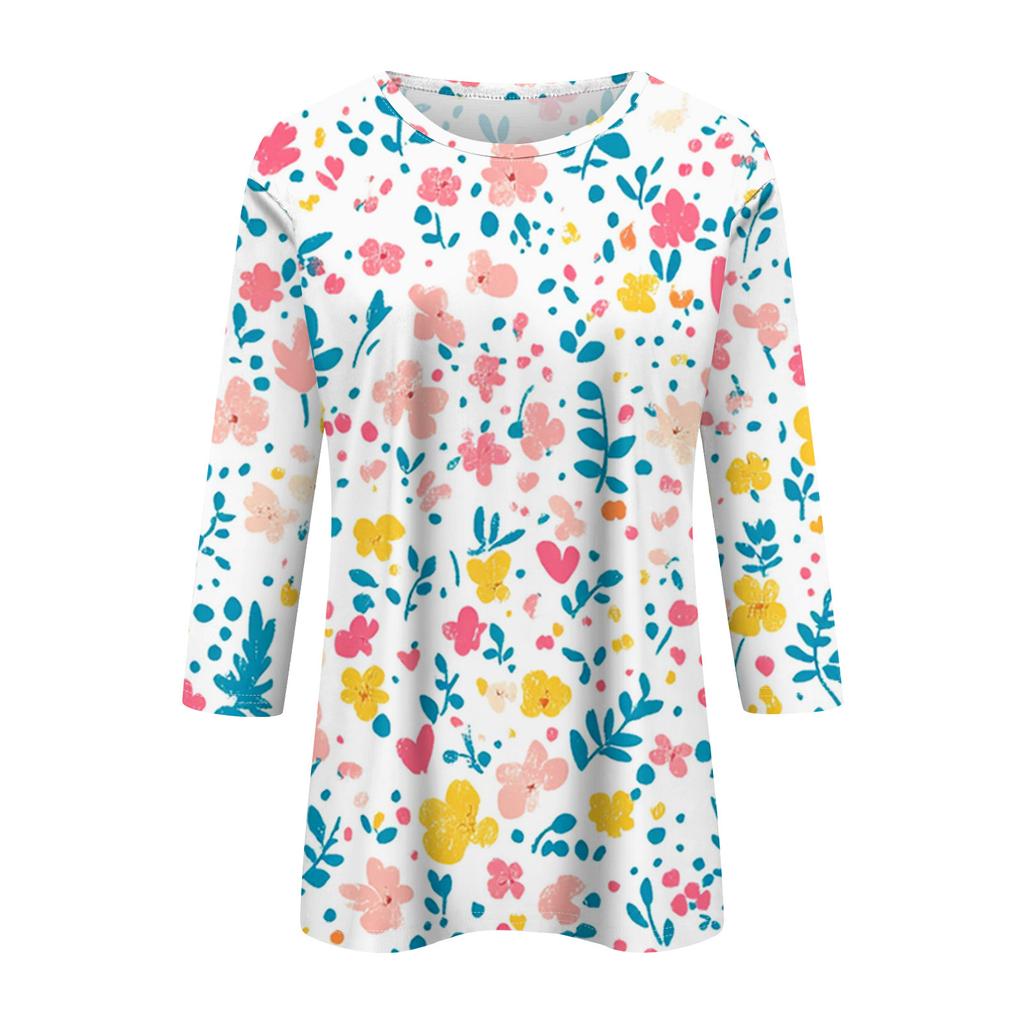 Ladies' Fashionable And Casual Seven Quarter Sleeve Floral Print Pullover Top