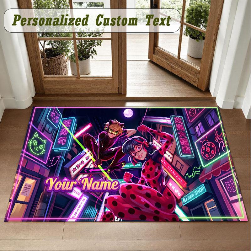 Crystal Velvet Square Rug Custom NameMiraculous Ladybug Pattern Non Slip Home Floor Decor Rug