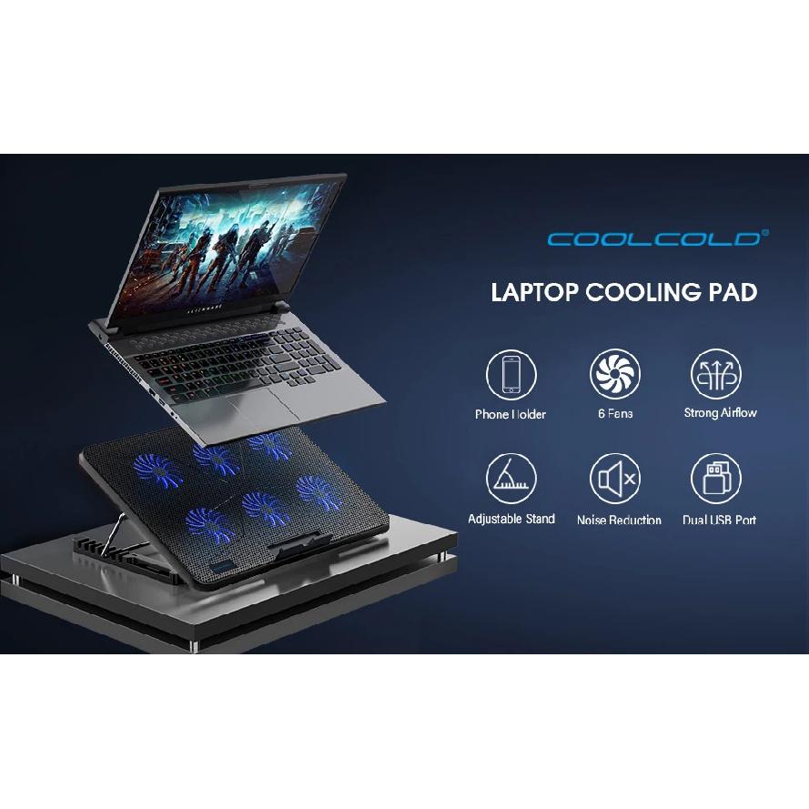 Coolcold 15,6-17,3 Zoll Laptop-Kühlpad mit 6 leisen Lüftern, 7-stufig einstellbare Windgeschwindigkeit, Laptop-Kühler mit Handyhalter