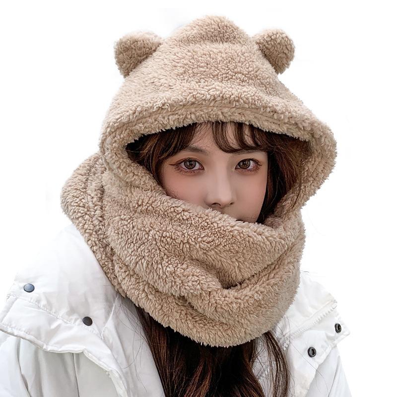 Bear Ear Hat for Women In Autumn and Winter Versatile Cute Scarf with Hooded Korean Style Ear Protection and Warm Couple