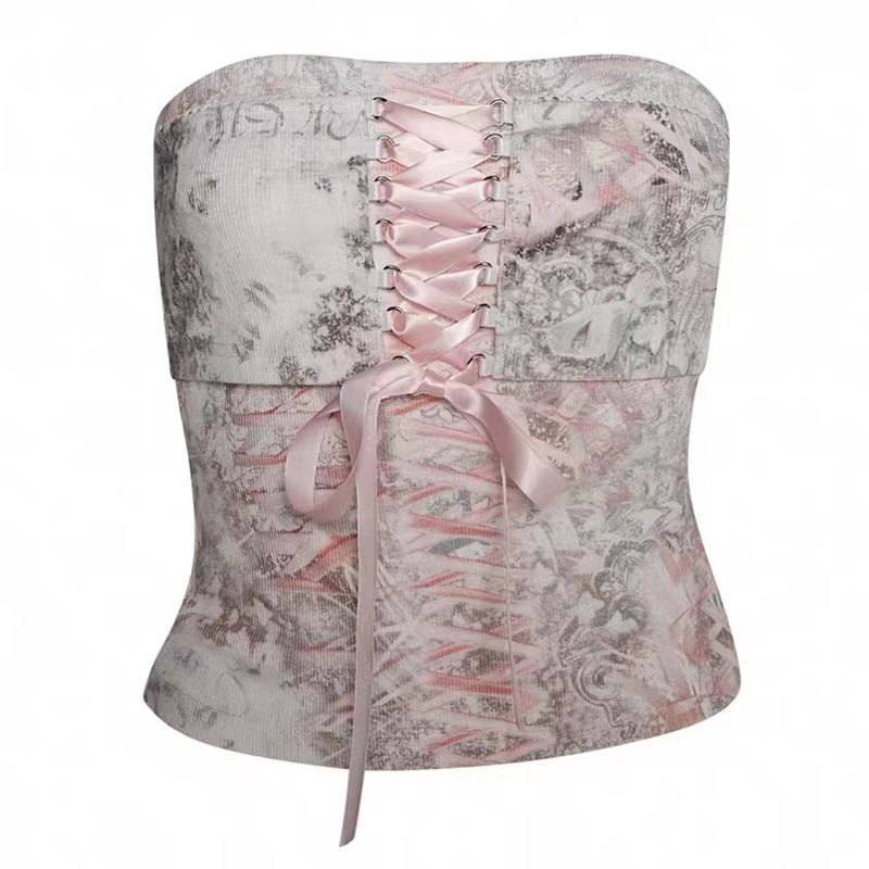 Iamgia Fashion Sexy Ballet Style Pink Ribbon Cross Bows Tube Top Tight Crop Top Short Top