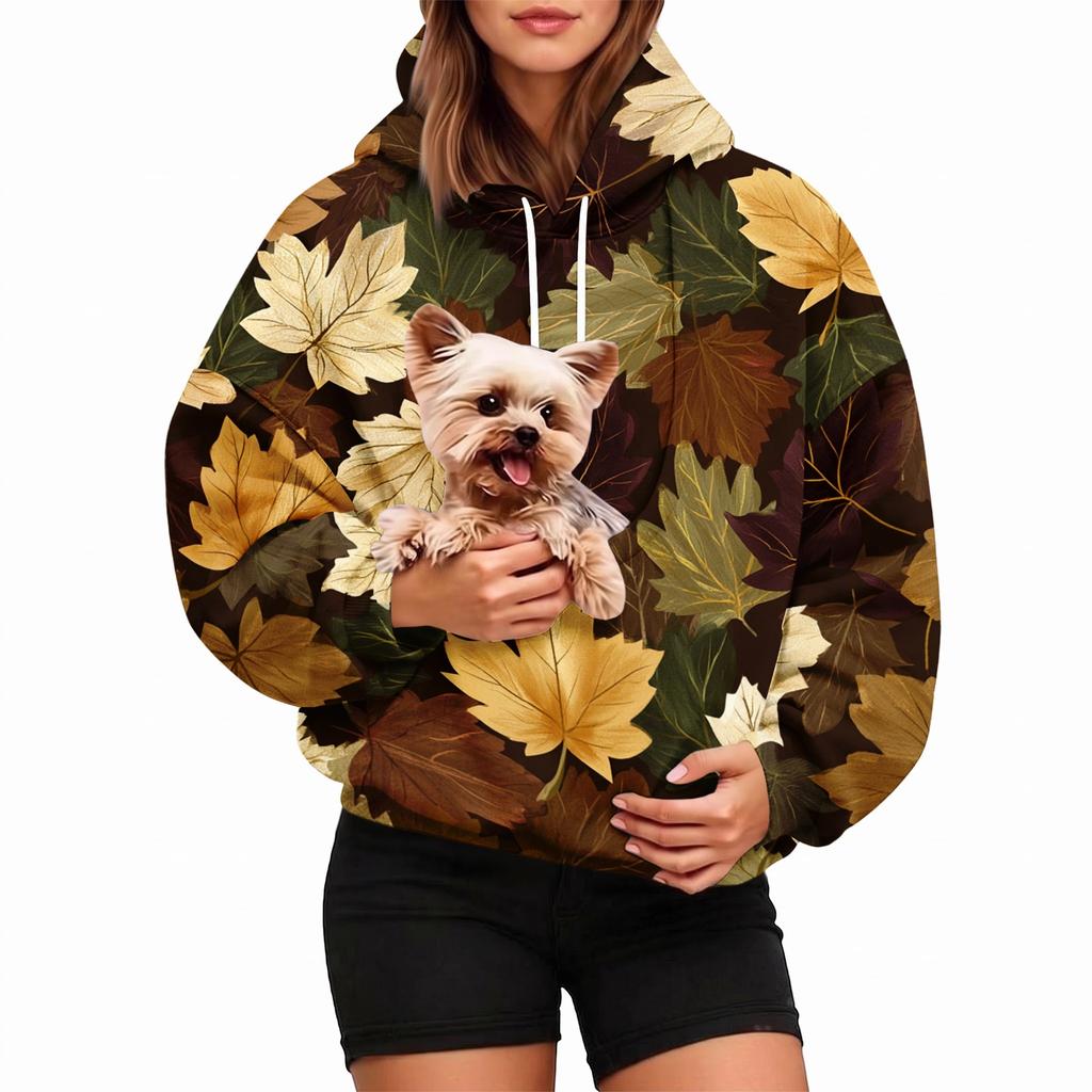 Damen Kapuzenpullover mit Blätterprint und Tasche für Haustiere für Freizeitkleidung