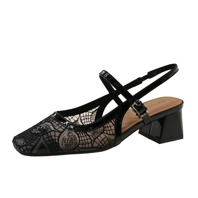 Sandals with Thick Heels, New Style, Breathable, Versatile, Square Toe, High Heels, Women s Shoes 35 чёрный