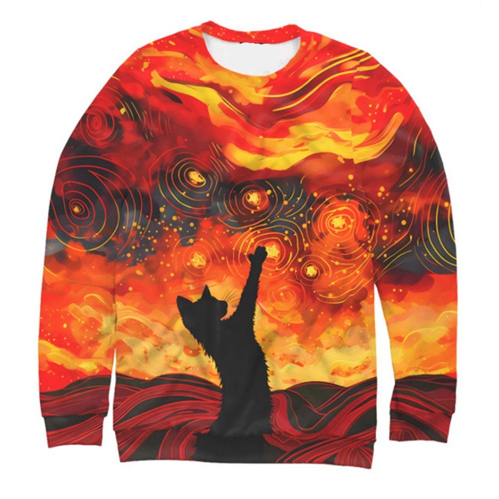 New Men's Sweatshirts Fashion 3D Guitar Cat Printed Long Sleeves For Man Summer Casual Round Neck Tops Oversized Funny T Shirt
