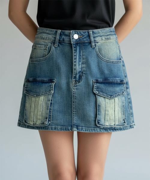 Bonseullipi Vintage Wash Cargo Skirt (Blue)