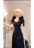 Plus Size Black Polka Dot V-Neck Short Sleeve Summer Dress with Square Neckline and Waist-Cinching Long Skirt