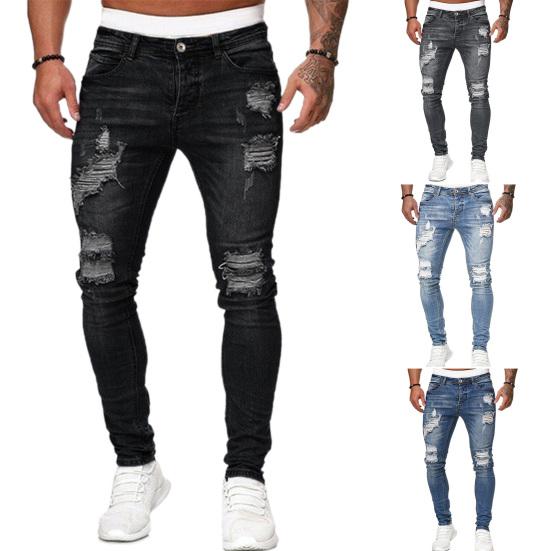 Men Jeans Ripped Washed Solid Color Button Zip Fly Streetwear Hip Hop Skinny Denim Pants Trousers for Outdoor
