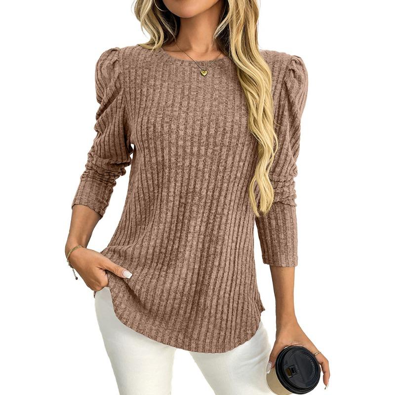 2025 New Women's Round Neck Puff Sleeves Grinding Pit Strip Solid Color Top Solid Color Versatile Long-sleeved T-shirt