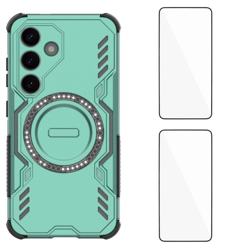 For Samsung Galaxy S25 Magnetic Case WANLONFENG DJ Series PC TPU Phone Cover with 2Pcs Tempered Glass Film