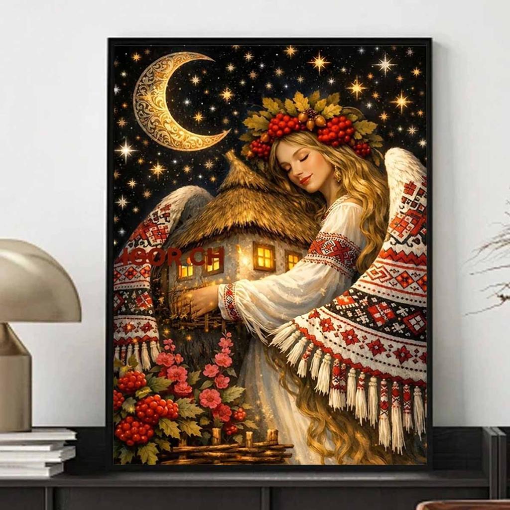 Diamond Painting Set DIY 5D Full Diamond Angel and Crescent Moon Night Scene Crafts for Home Wall Decoration