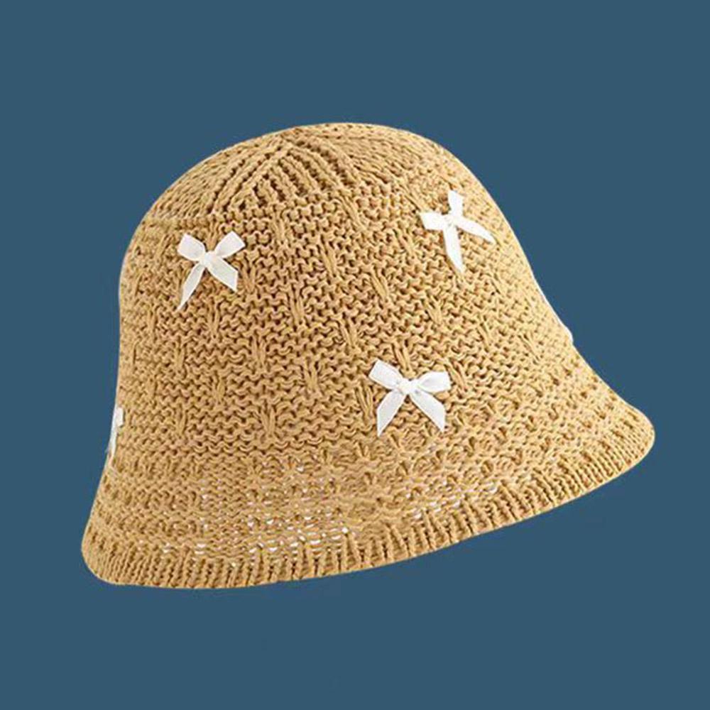 Mini Bow Beach Straw Hat For Women Crochet Fisherman Hat Knitted Hollow Weaving Bucket Hat Sweet Foldable Breathable Sun Cap