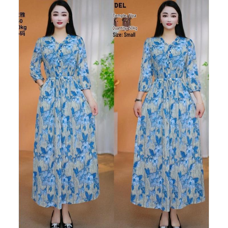 

Elegant V-Neck Print Dress: Flattering & Slimming for Middle-Aged Moms, Perfect for Spring/Summer 2XL (recommended for 52.5-60 kg)