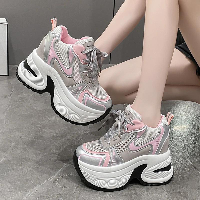 Fashion High Platform Sneakers For Women New 2024 Autumn Mesh Shoes Comfortable Casual Chunky Shoes 10CM Wedge Heels Breathable Sneakers
