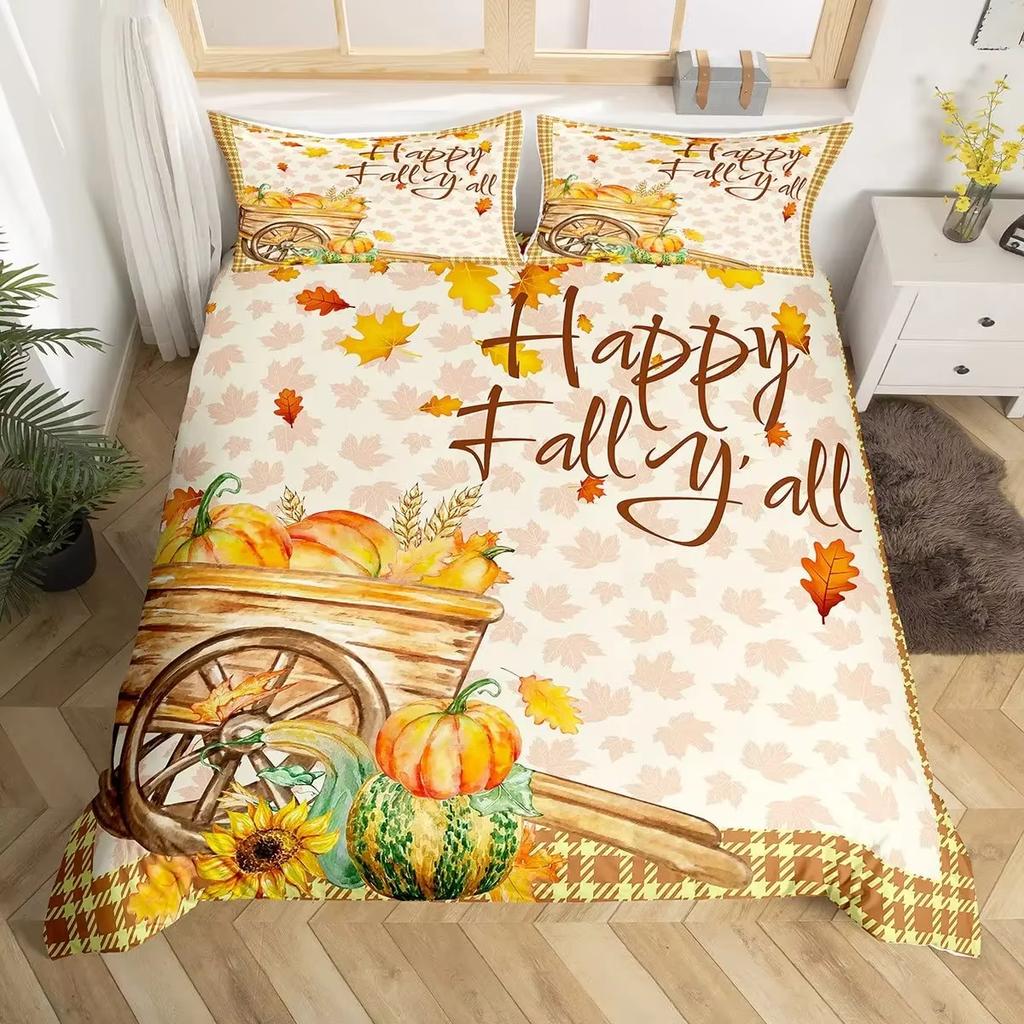 Pumpkin Duvet Cover Set Maple Leaves Bedding Sets Thanksgiving Plant Pattern Comforter Cover Set Autumn Harvest Farmhouse Decor