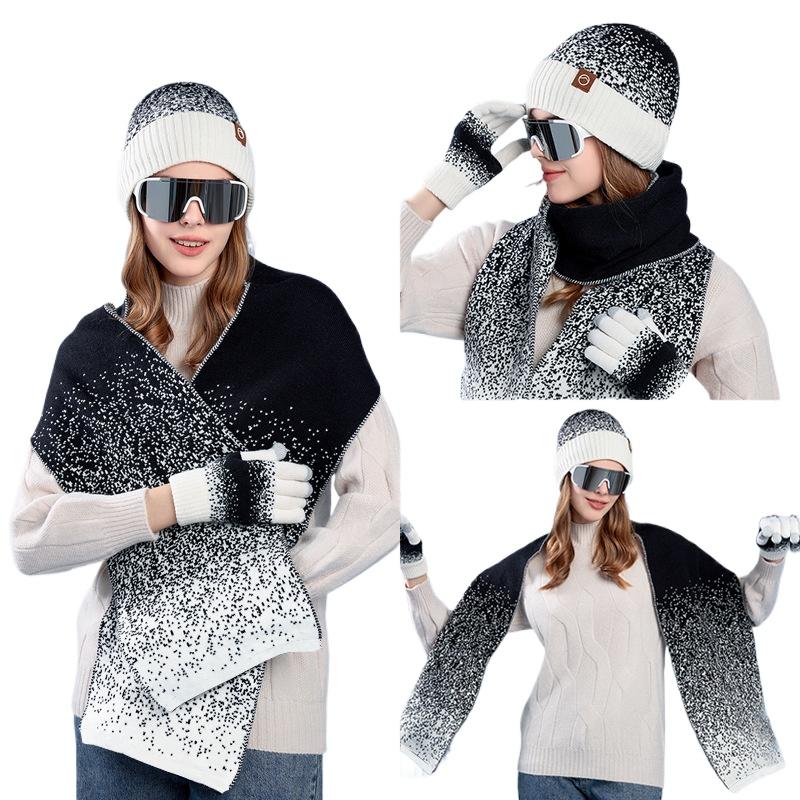 Winter Hat Gloves Scarf 3 Piece Set Outdoor Lady Warm Pullover Soft Plush Lining Ski Beanie Knitted Hats For Women Men Bonnets