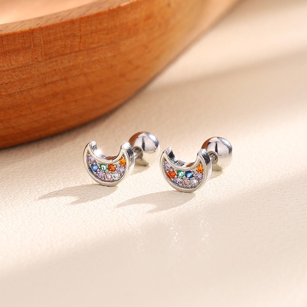 Punk Style Zircon Cross & Moon Stud Earrings with Round Diamond and Screw-Back Design