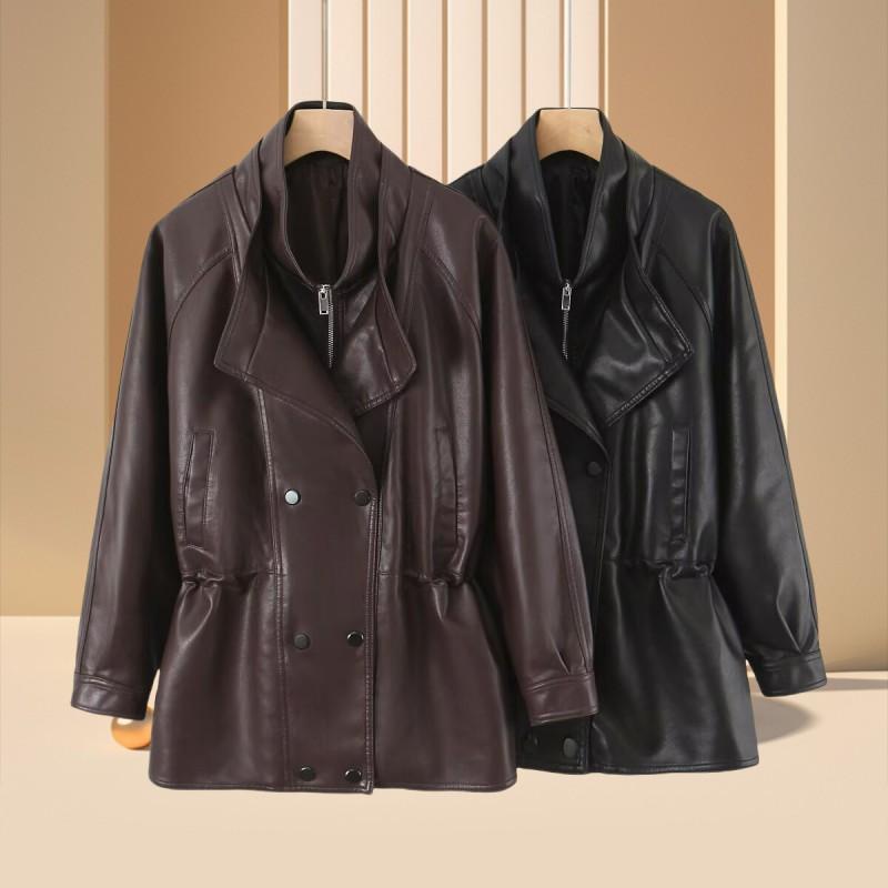 Unisex Double Collar PU Leather Biker Jacket Oversized Streetwear Outerwear Winter
