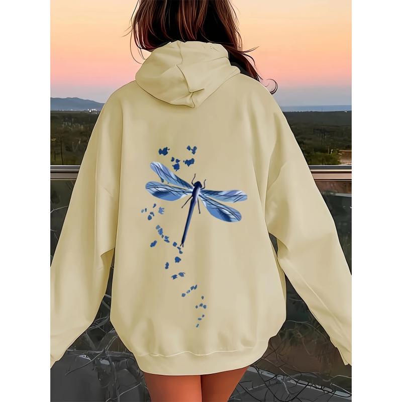 European & American Women's Dragonfly Print Plus Velvet Hoodie with Kangaroo Pocket - Autumn/Winter
