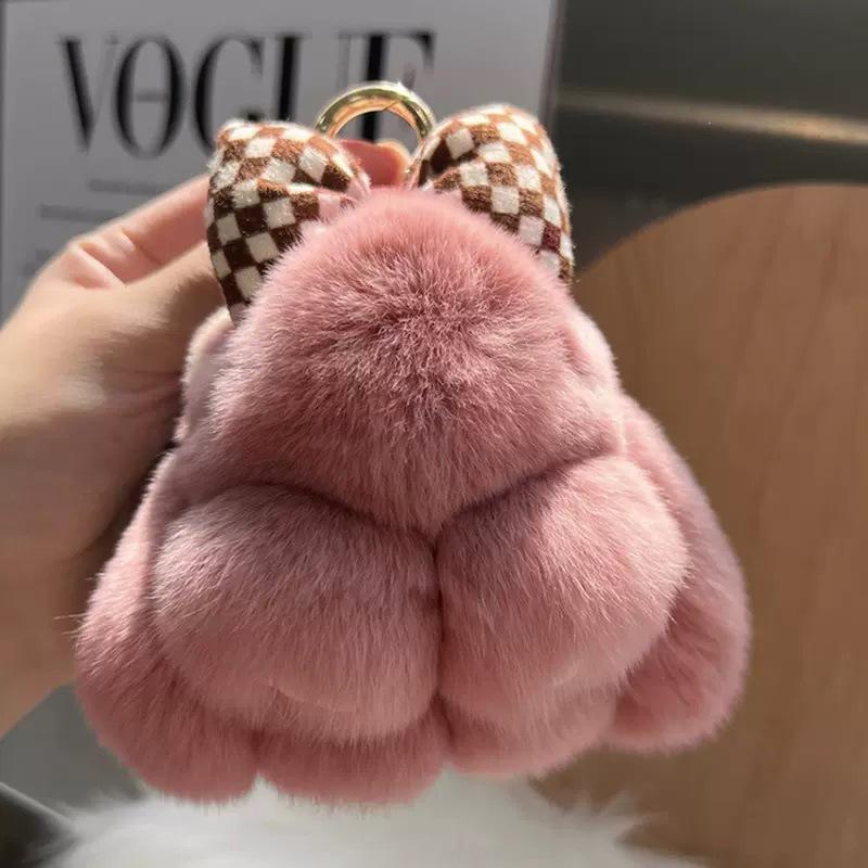 

Adorable Rex Rabbit Fur Bowknot Keychain Charm