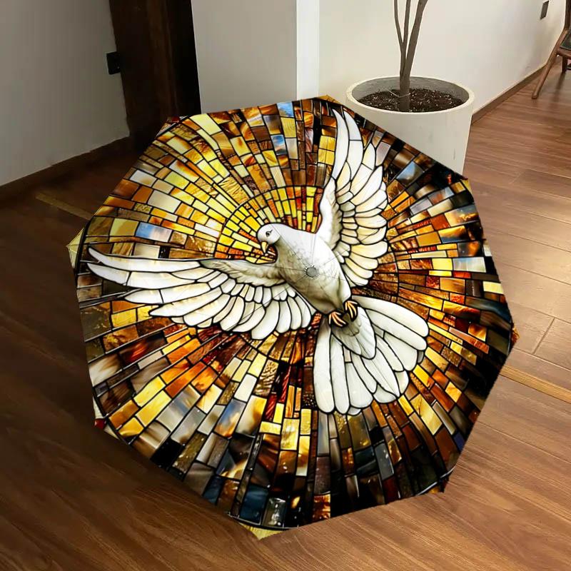 

Stained Dove Design Automatic Opening Folding Umbrella with 8-Bone Iron Frame, Suitable for Fans, Travel, Daily Use, Gift for Fans and Trave