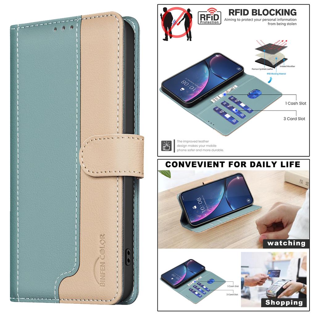 For Motorola Moto G56 5G Leather Case BINFEN COLOR Splicing Color RFID Blocking Wallet Stand Phone Cover