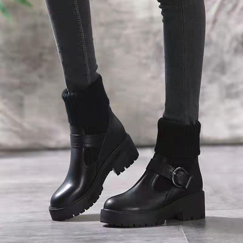 Fashion Shoes for Women Winter Fashion Knitting Velvet Ankle Boots Women Korean Lace-up Platform Botas Warm Square Button Botas De Mujer