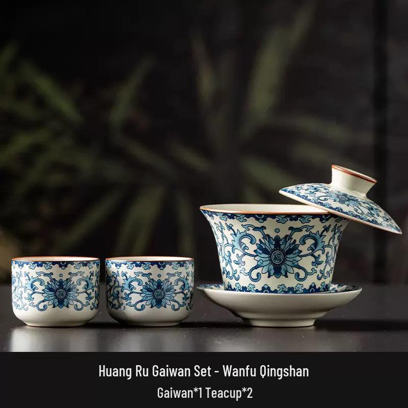 Premium Ru Ware Gongfu Tea Set with Cultivable Crackle Gaiwan and Offering Bowl
