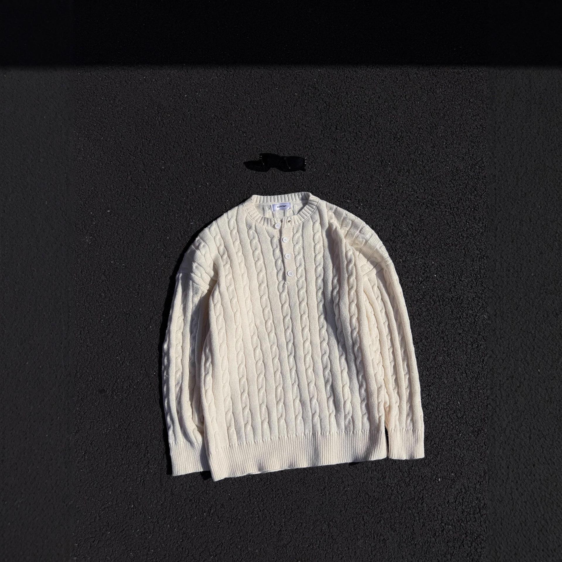 Men s Grey Cable Knit Henley Sweater - Thick, Cozy Autumn/Winter Layer XXXL