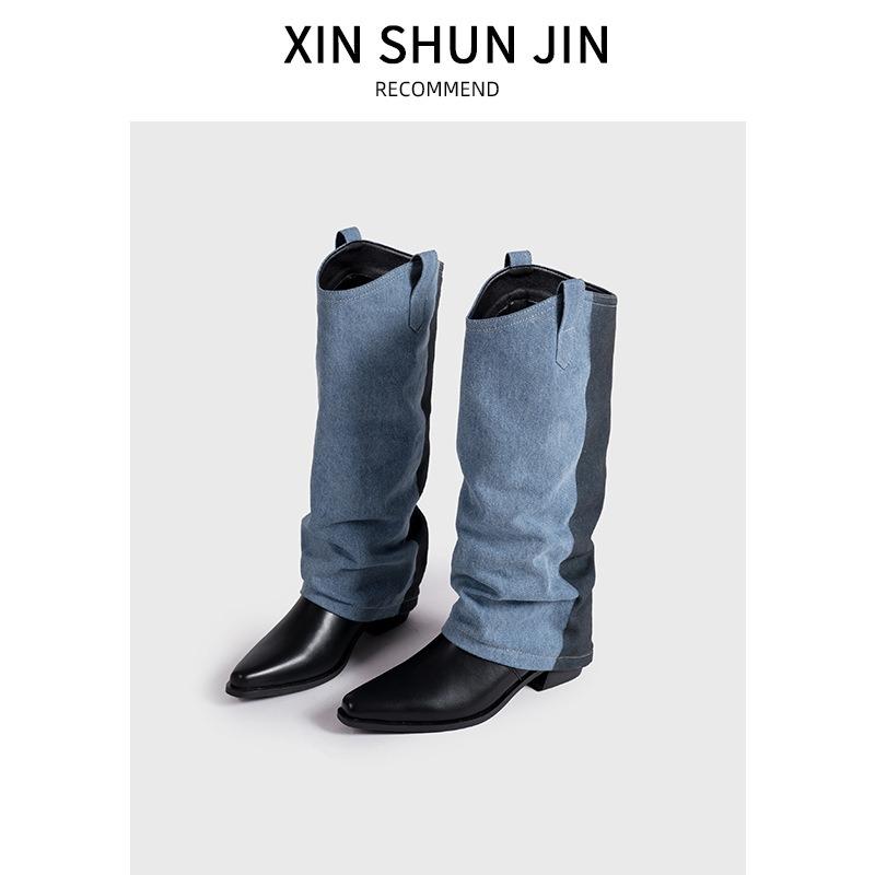 Pointed Pleated High-heeled Piled Boots Women's Autumn and Winter New Thick-heeled Boots But Knee-high Cowboy Boots