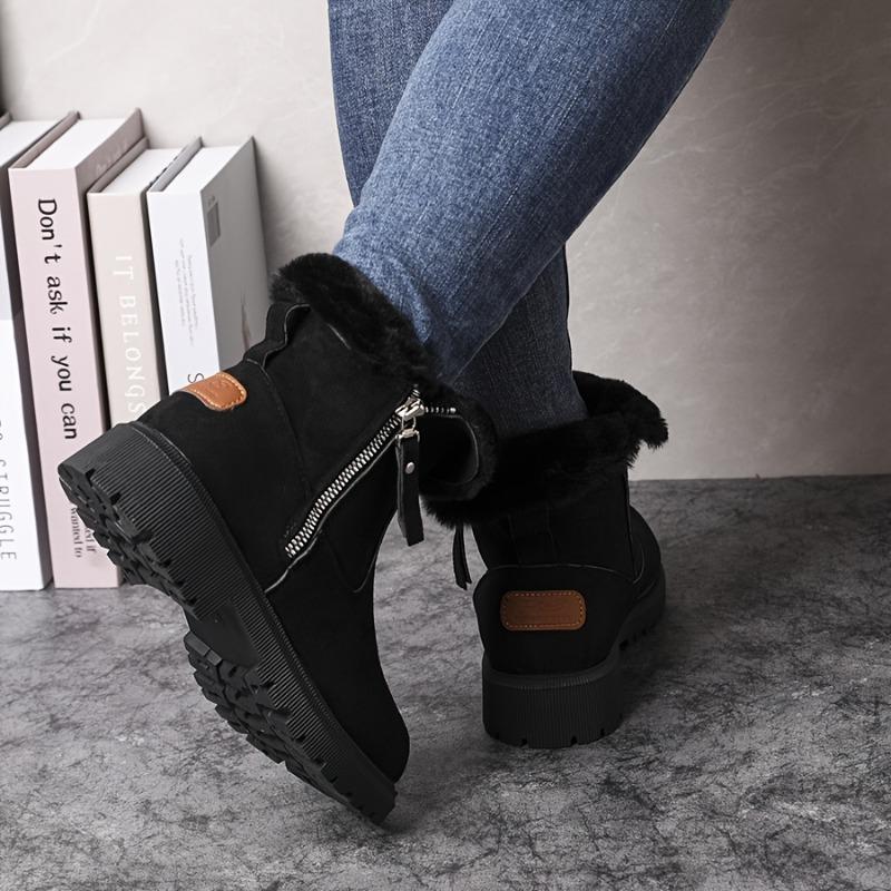Women's Round-Toe Short Boots Plush Faux Thick Rubber Sole Chunky Heel Zipper Winter Casual Dressy Brown Booties for Jeans