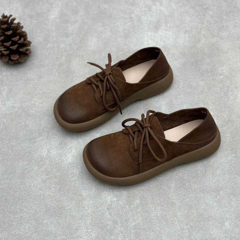 Johnature Genuine Leather Women's Shoes Retro Round Toe Soft Soled Lace Up Versatile Shoes