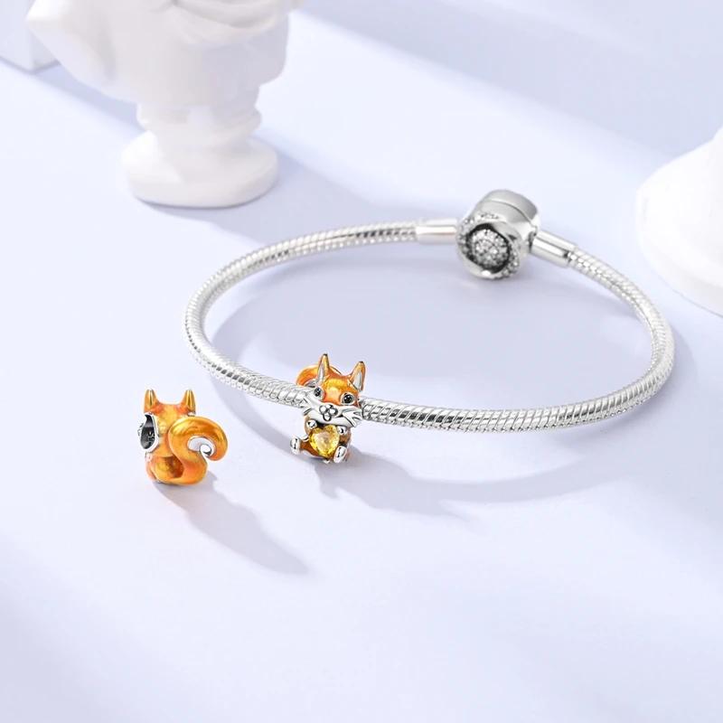 Charms Copper Plated Cute Yellow Squirrel Heart-Shaped Beads Fit Original Bracelet Beads Women Jewellery Making Diy