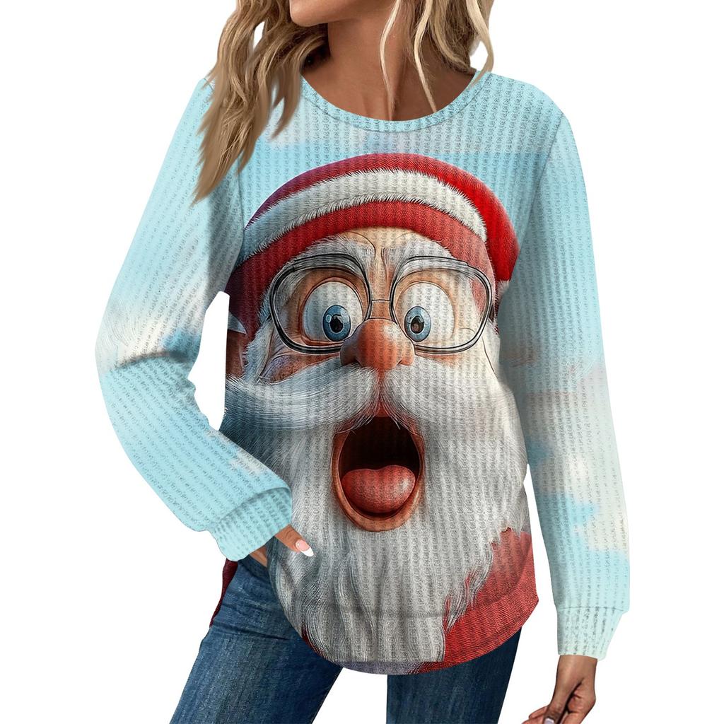 Dámská móda Ležérní Volný Top s kulatým výstřihem a dlouhým rukávem s vánočním potiskem