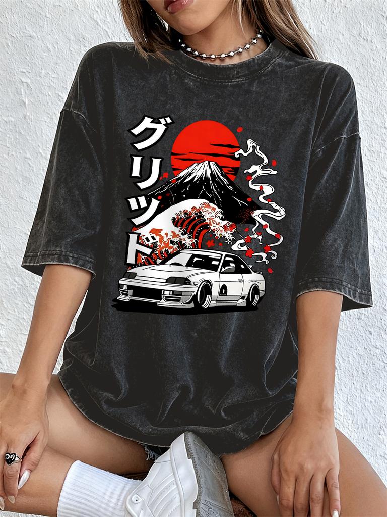 Nippon Jdm Car Grid Cotton Washed TShirts Women Summer Oversized T Shirt ONeck Comfortable Distressed Tops Basic Women Clothes
