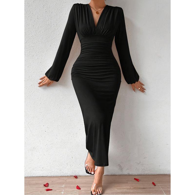 

Spring & Fall Fashion Style Street Hipster Fashion Halloween V-neck Asymmetrical Adult Lady like Woman Dress Nipped-Waist New Apricot XS