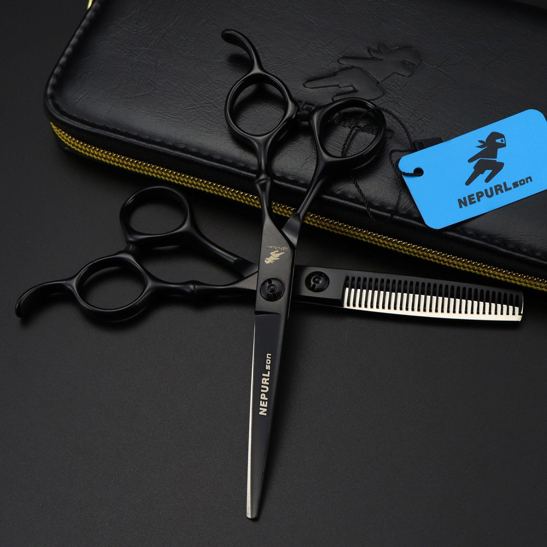 6.0 Inch Freelander Gm54 Paint Black, Bamboo Handle, Hair Scissors, Straight Scissors, Tooth Scissors Gm54 black 6.0inch straight cut
