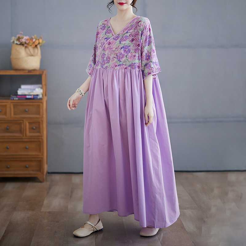 Cotton and Linen Summer Patchwork Retro Style Dress Long Skirt
