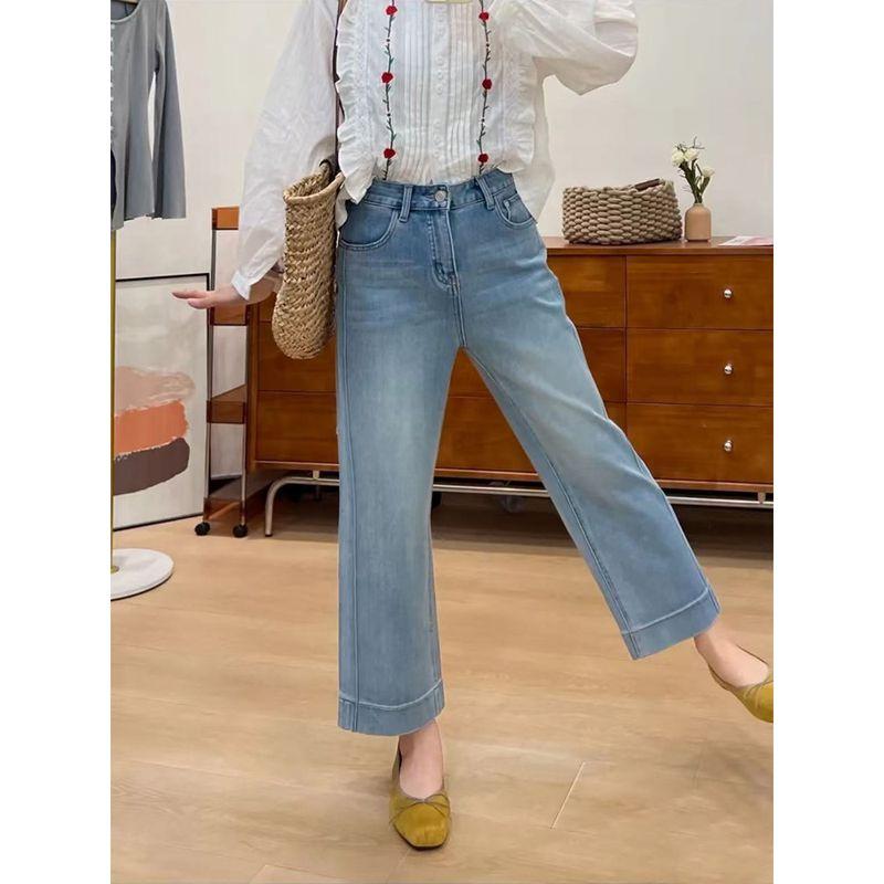Light Blue Straight-Leg Jeans for Women, 2026 Summer New Style, High-Waisted Stretchy Cropped Wide-Leg Pants for Plus-Size Pear-Shaped Body