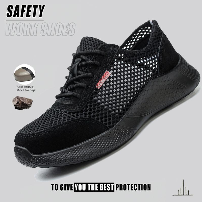 Men Work Boots Steel Toe Puncture-Proof Safety Shoes Casual Work Shoes Lightweight Breathable Sneakers for Work as Hiking Black