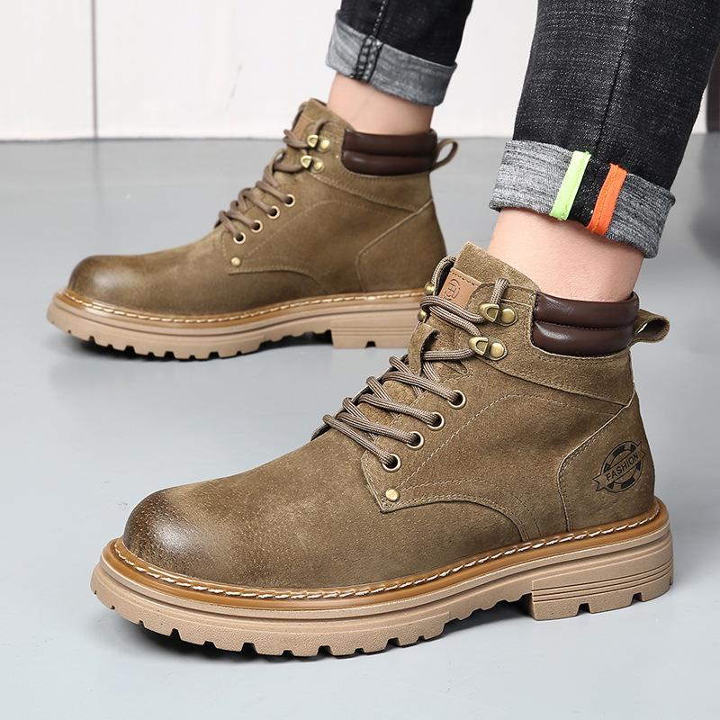 Men's High-Top Warm Genuine Leather Martin Boots - Yellow, Casual Outdoor Hiking & British Work Style for Autumn/Winter